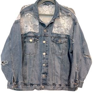 Women’s Custom Oversized White Lace Detail Medium Colored Denim Jacket